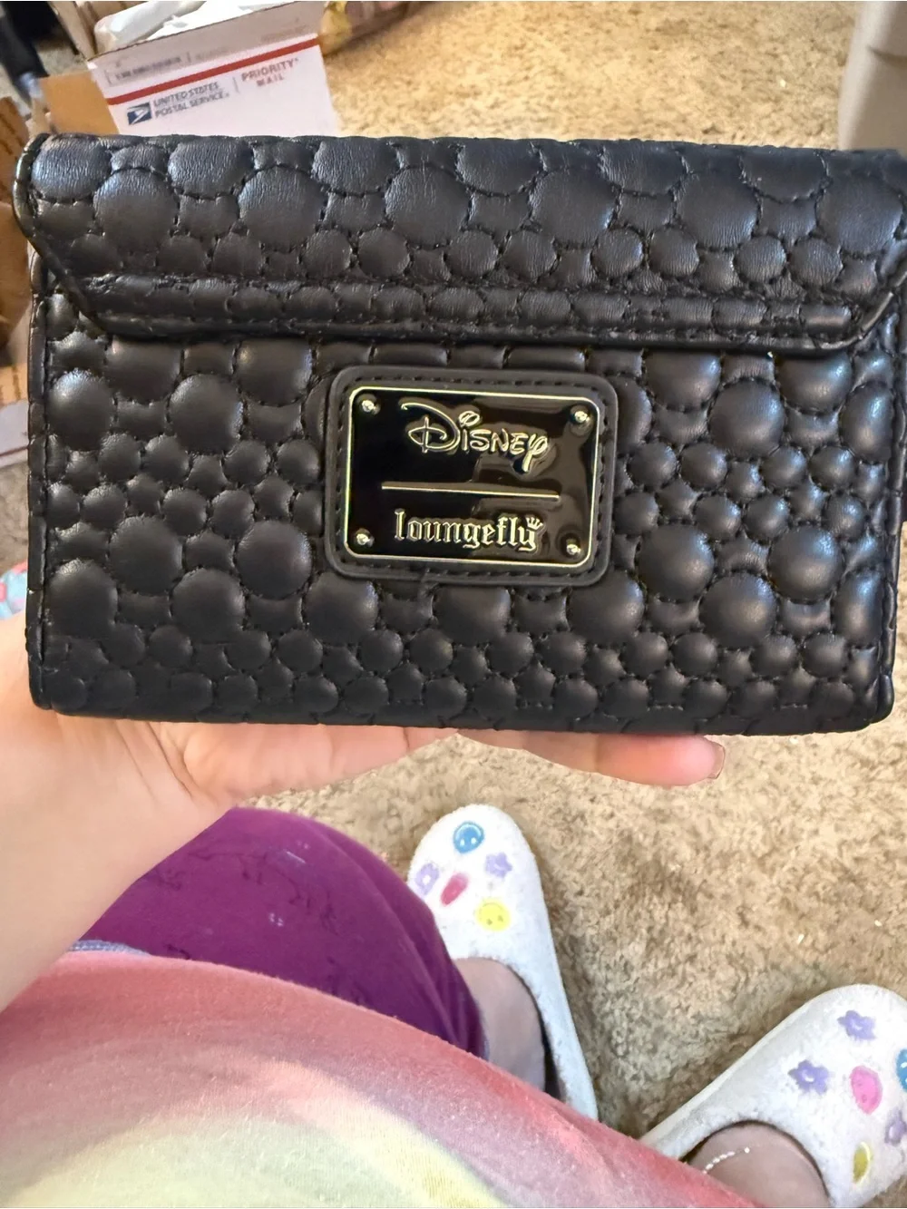 Loungefly Black Quilted Floral Embroidered Wallet with Gold Mickey Accent